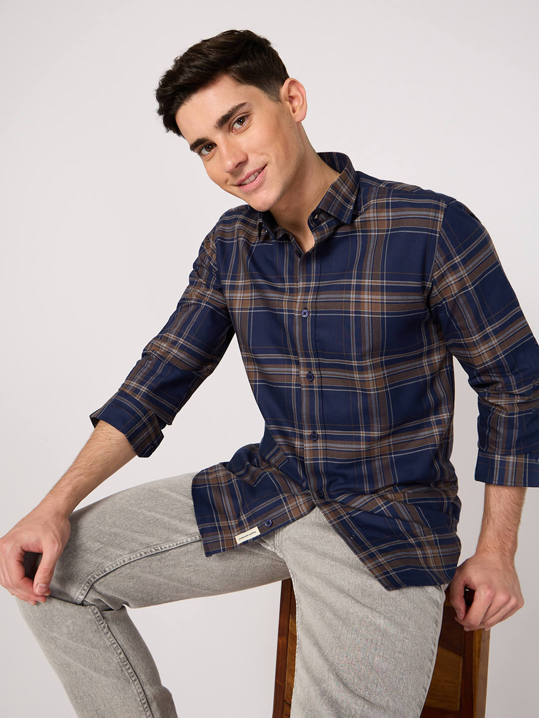 blue brown check check shirt for men