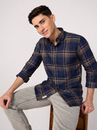 blue brown check check shirt for men