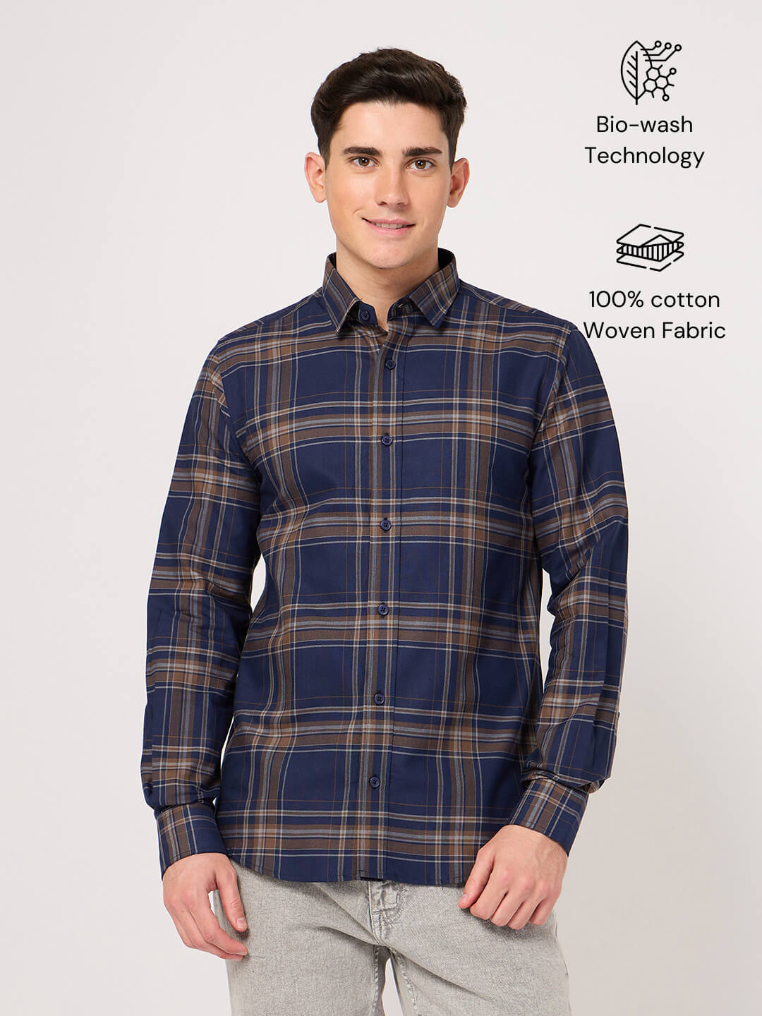 blue brown check shirt for men