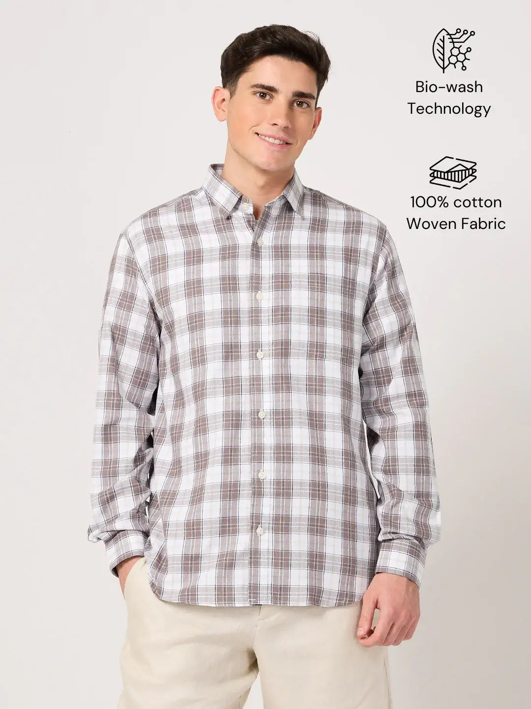 cotton brown and white check shirt for men