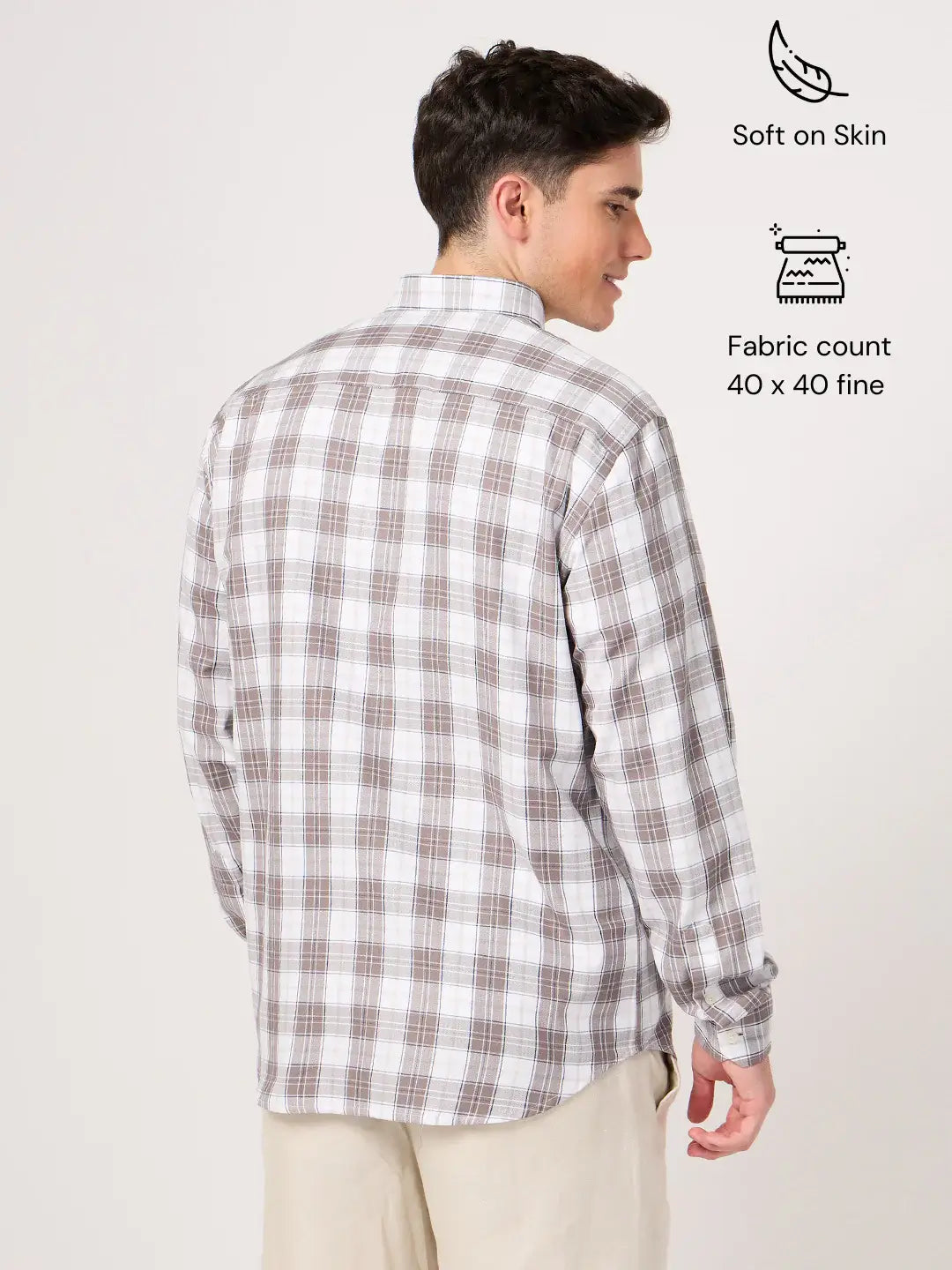 brown and white check shirt