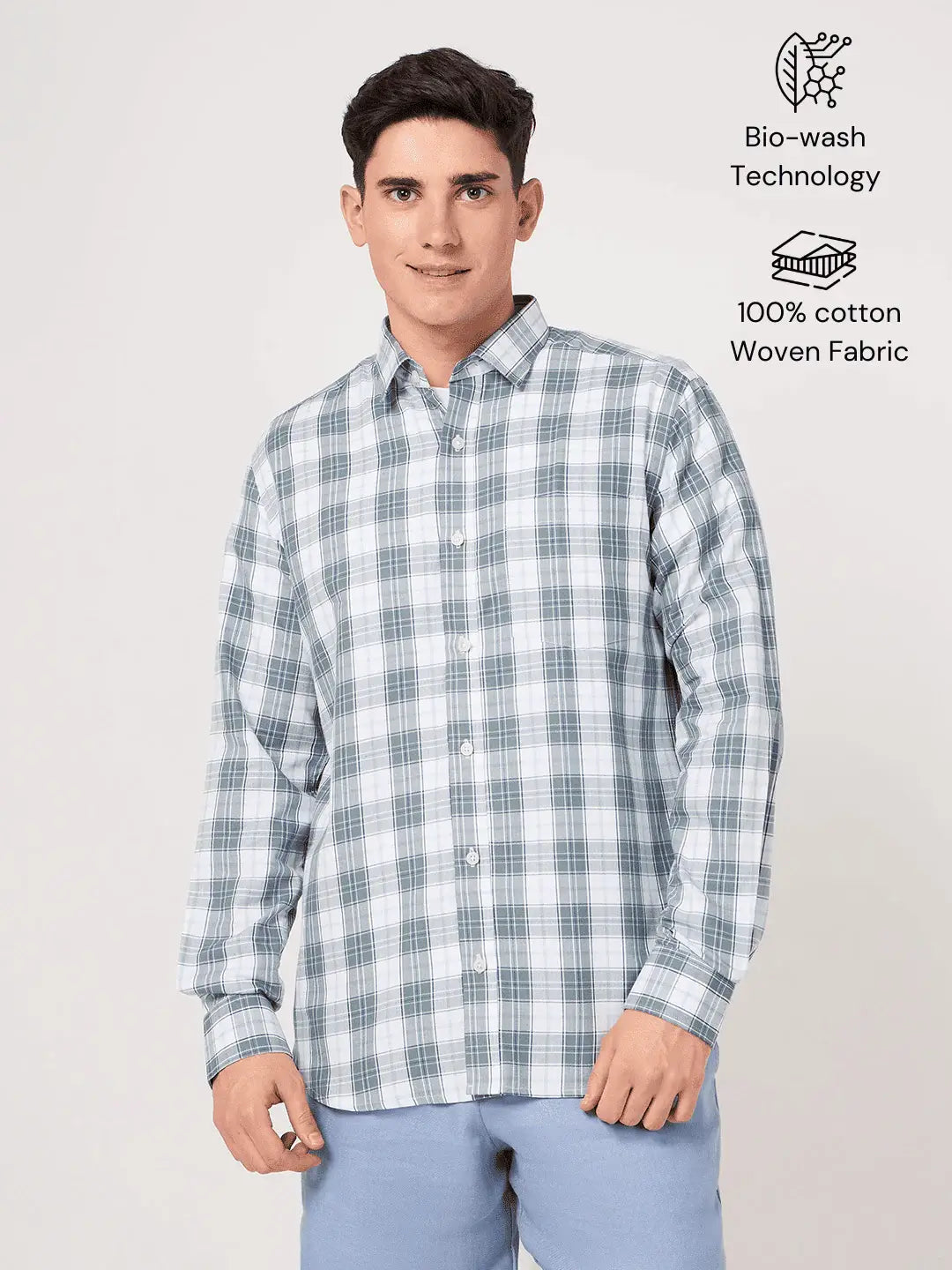 cotton grey white check shirt for men