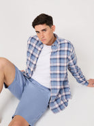 sky blue check shirt, full sleeve