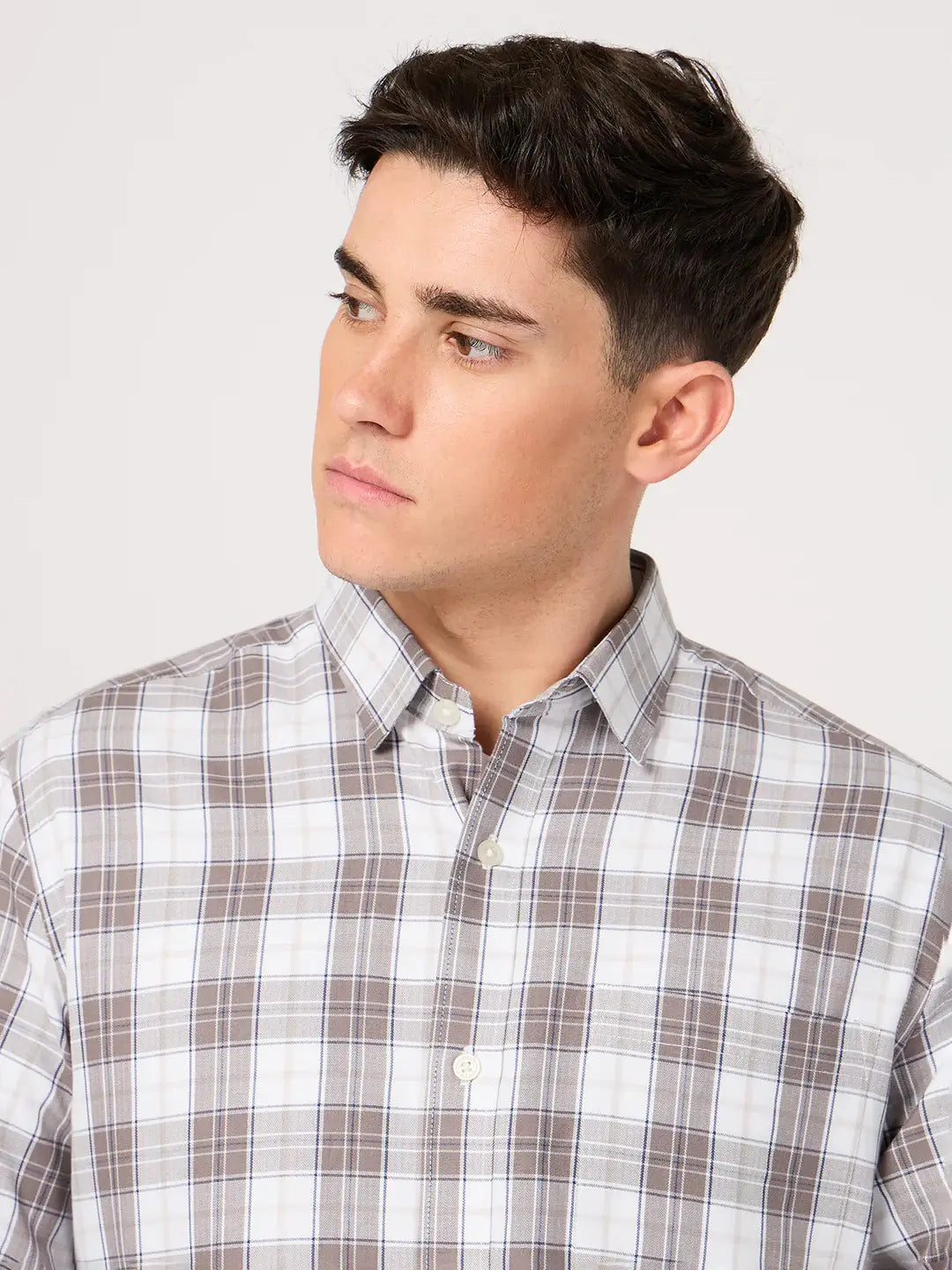 brown and white check shirt for men
