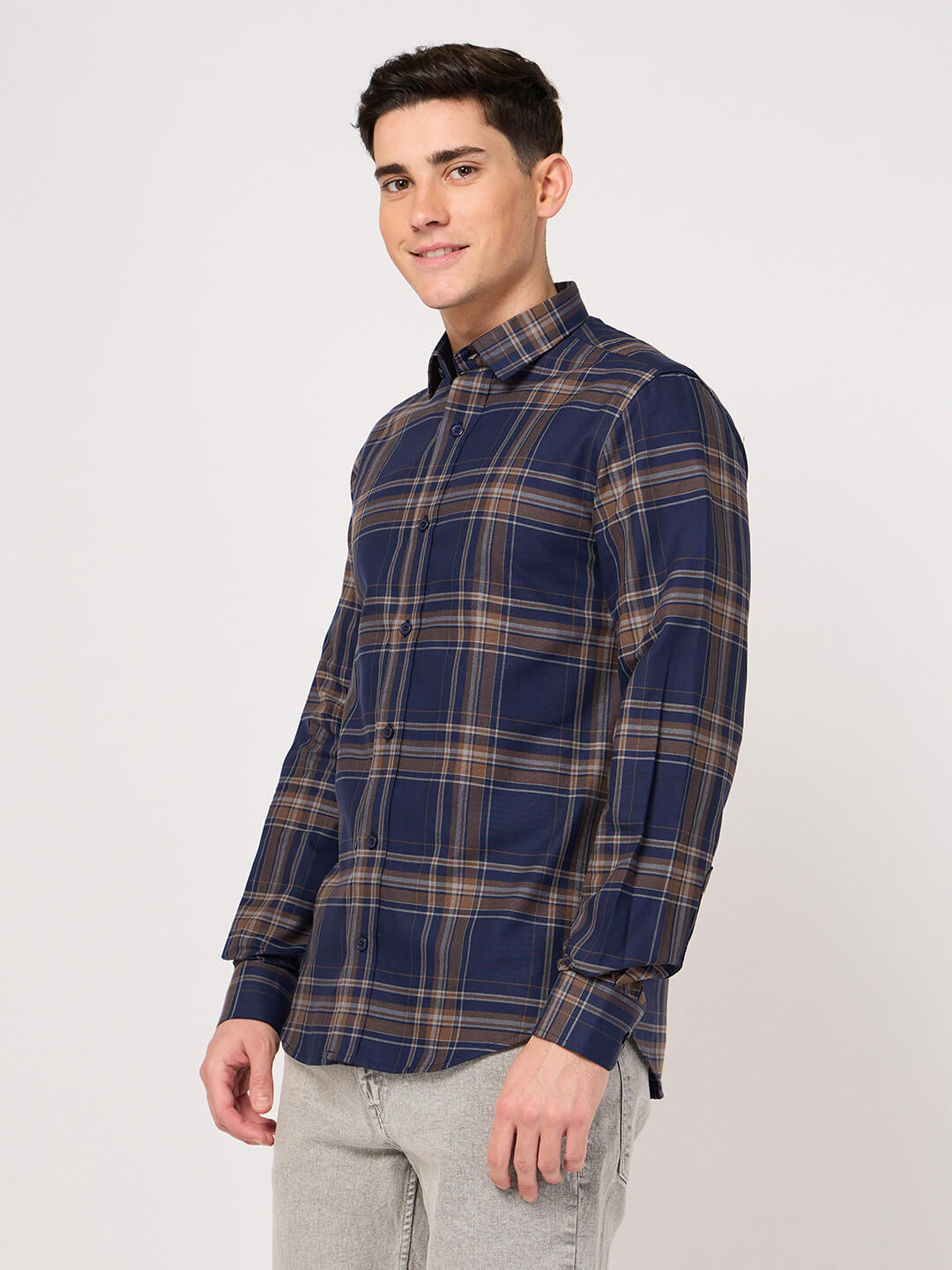blue brown checked shirt