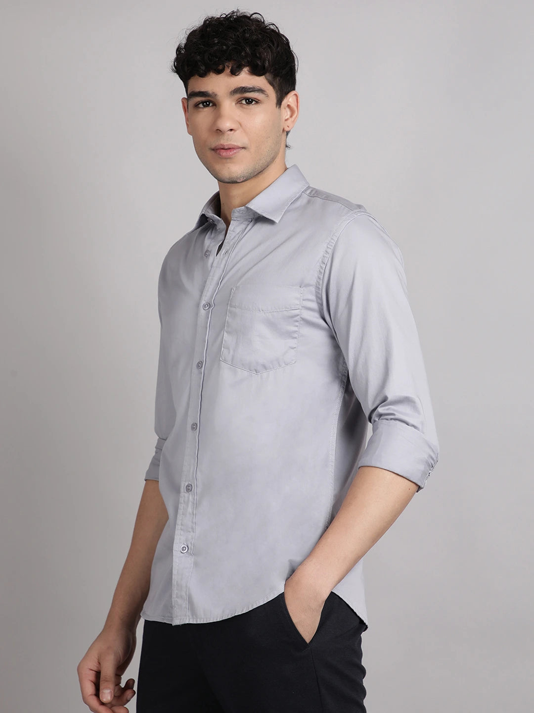 solid grey satin shirt for men, full sleeve