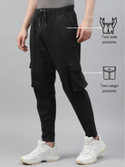 Men's cotton cargo pocket pants in black color, featuring two cargo and two side pockets