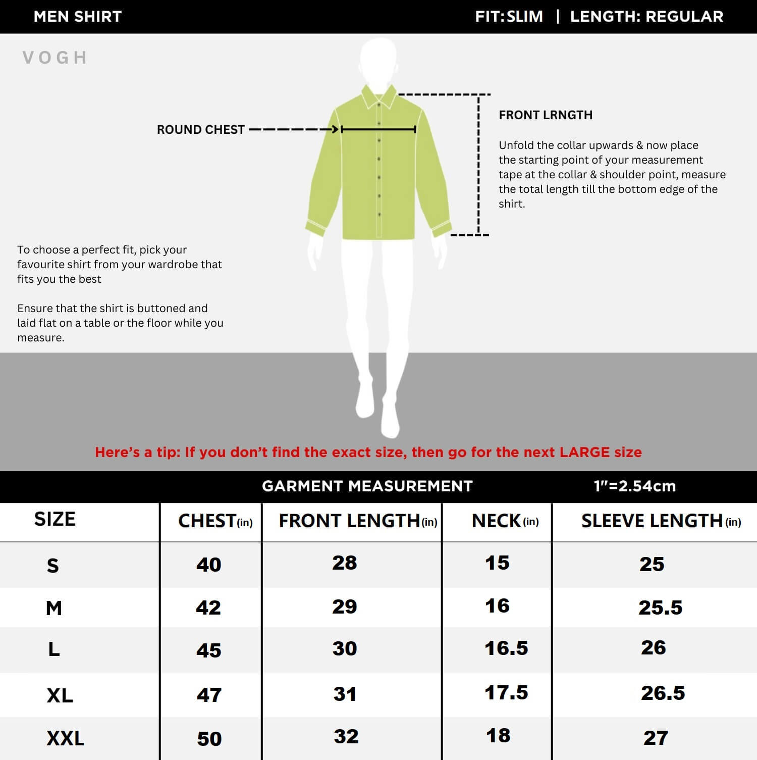 men's slim fit shirt's size chart
