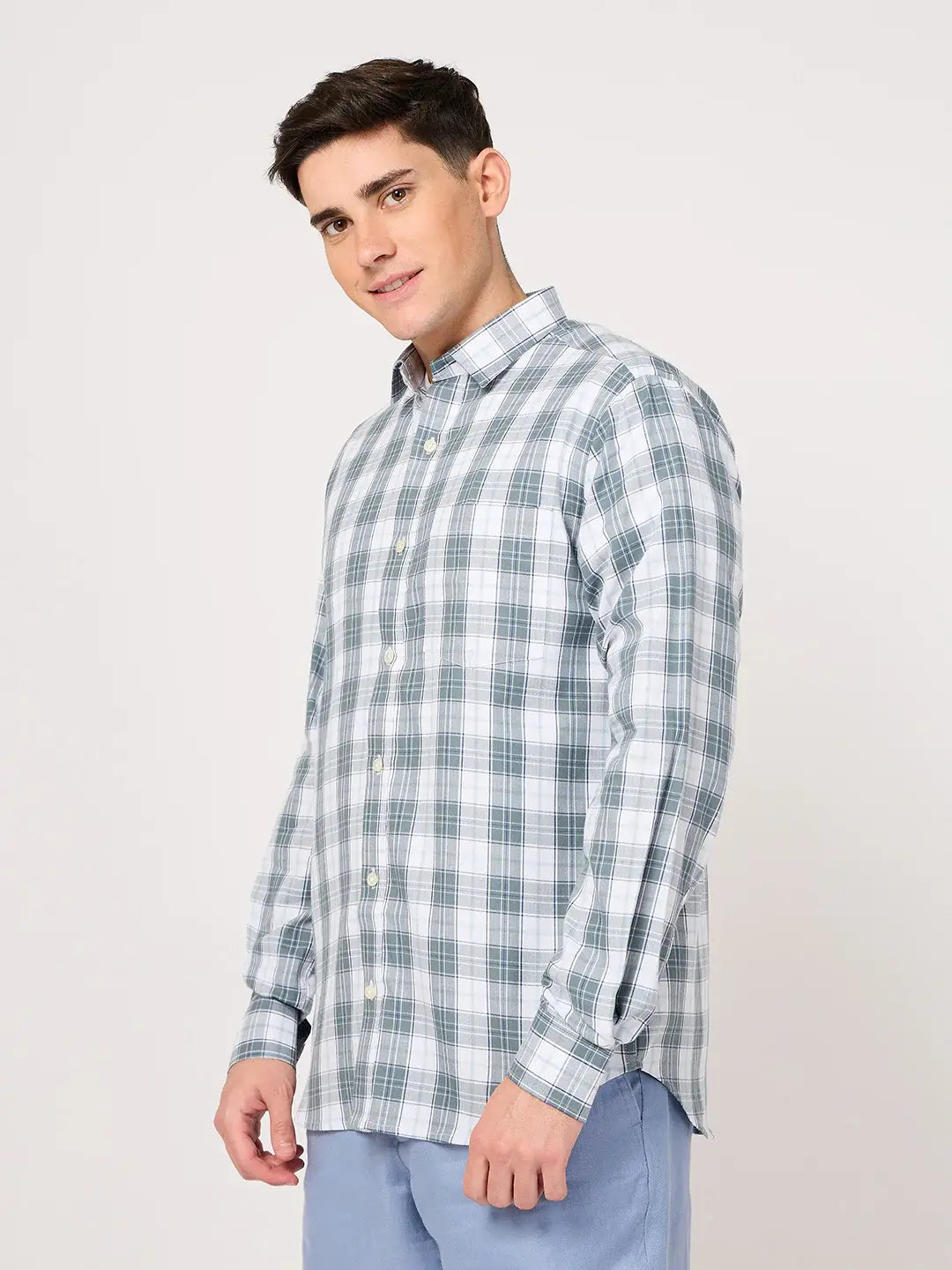 white and grey cotton plaid shirt for men