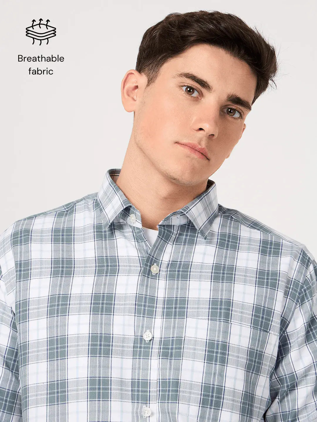white and grey check shirt for men